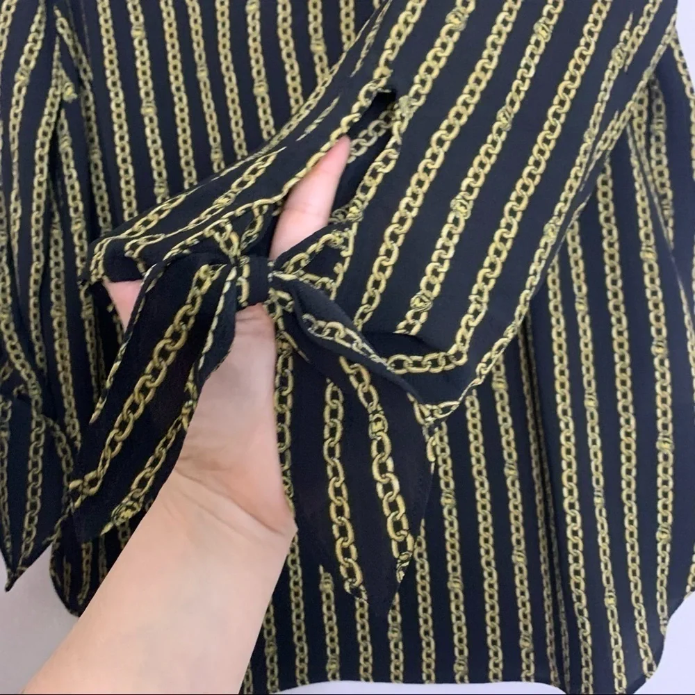 Michael Kors Black Gold Chain Stripe v neck knot blouse small new with tags